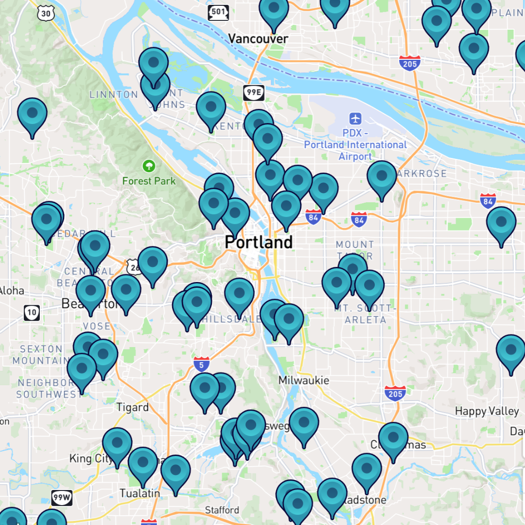 Map of pickleball locations in Portland, OR